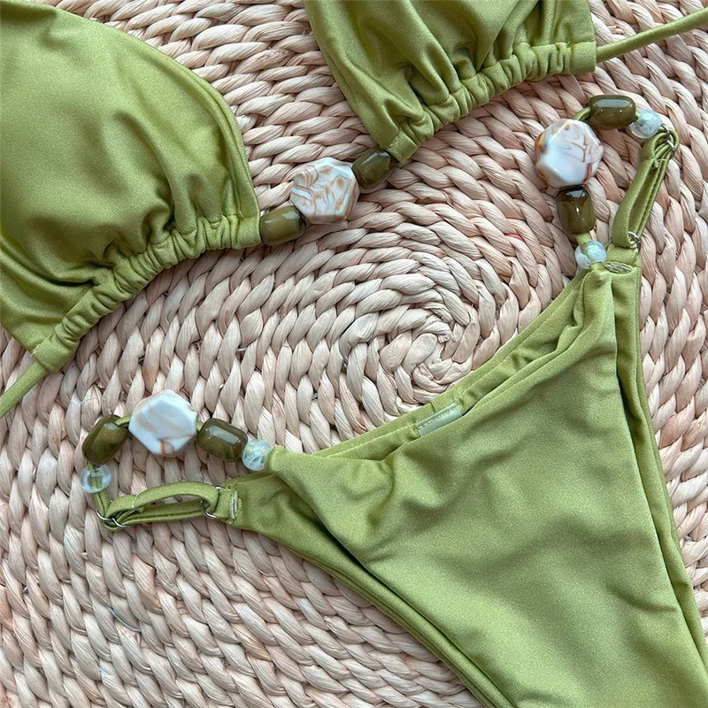 Solid Green Swimwears Sexy Halter Triangle Bead String