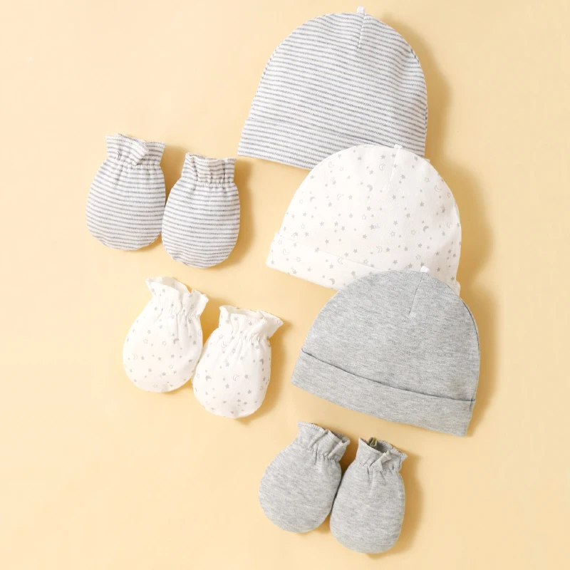 3 Hats and 3 Pairs of Mittons Newborn 100% Cotton Soft Comforttable Solid Color Baby Face Scratch Prevention Gloves 0-12 Month 1