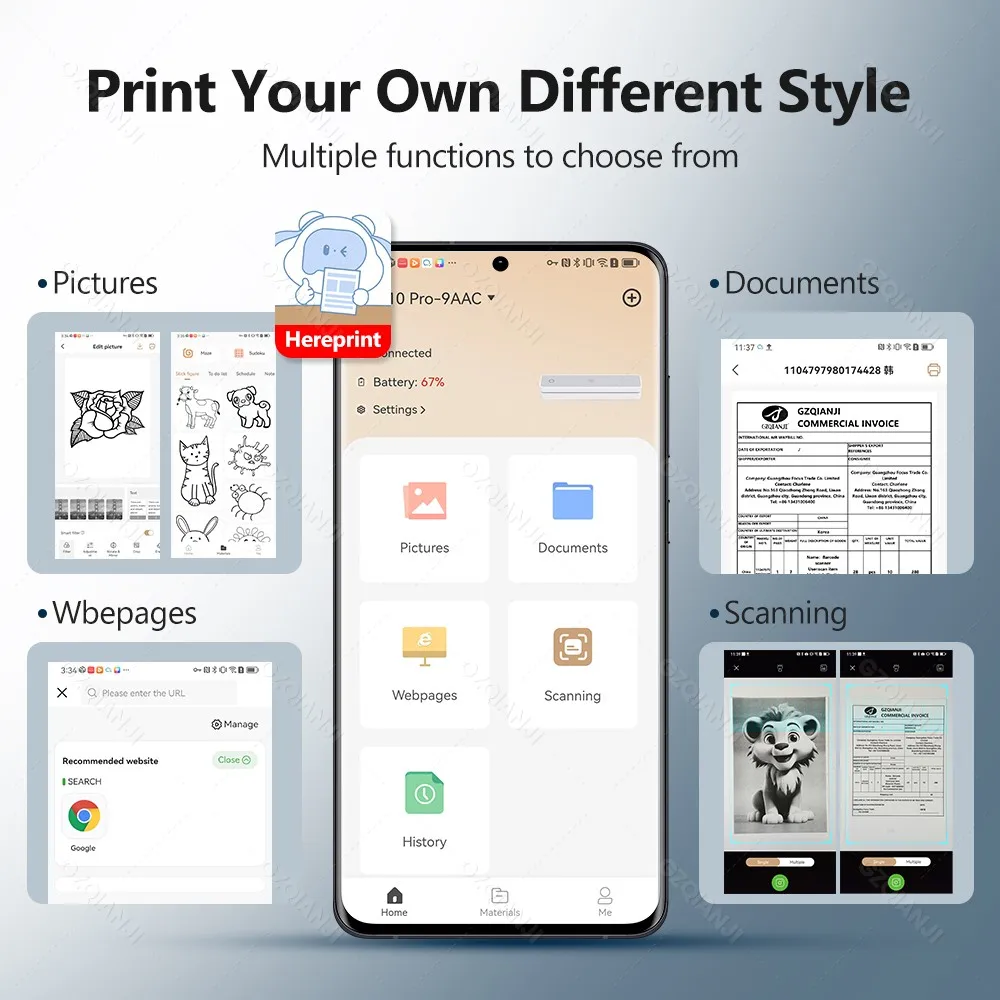 300DPI A4 Thermal Printer 200DPI Bluetooth Pocket Photo Document Printer Memo Note Tattoo Printing Wireless Inkless Printer