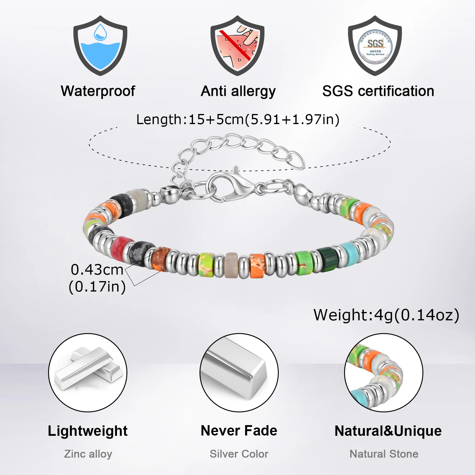 Men's Crystal Wheel Beads Bracelet,4mm Natural Stone Metal Wheel Beaded Bracelet,Adjustable Wristband Gift