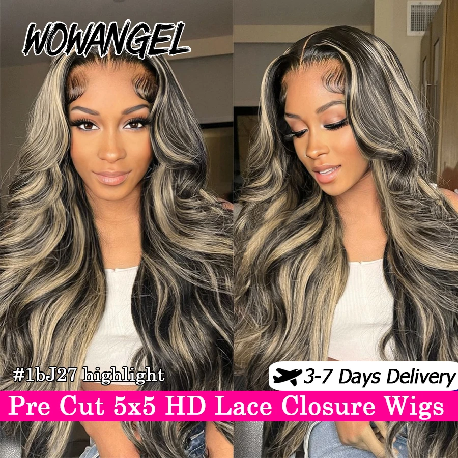 

Wow Angel 250% Pre Cut 5x5 HD Lace Closure Wigs Body Wave Highlight Honey Blonde Glueless Wigs Ready To Wear Human Hair Wigs