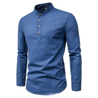 Chemise d'affaires à manches longues et col montant pour hommes, couleur unie, décontractée, ajustée 2
