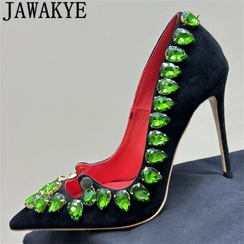 

2024 Summer Pointy Toe Green Rhinestone Stilettos Women Real Leather Crystal High Heel Shoes Designer Fashion Party Pumps Female