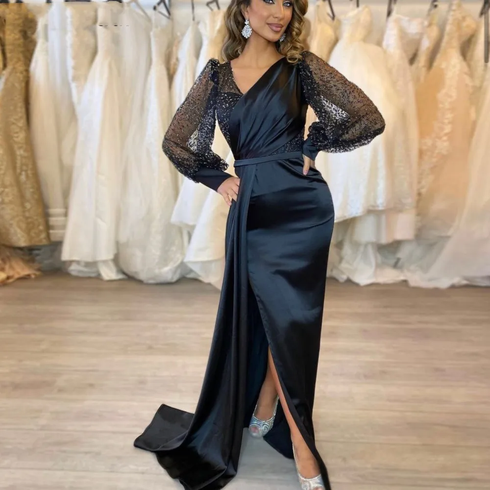 

Black Satin Mermaid Arabic Evening Dress Shiny Long Sleeve V Neck Side Slit Formal Wedding Party Prom Gown Robe Vestidos De Gala