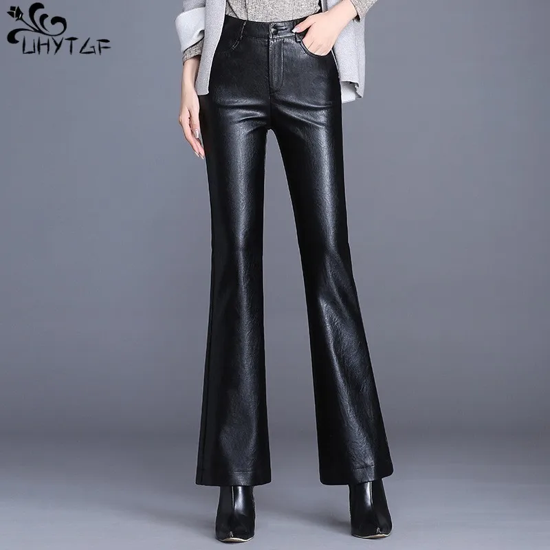 

UHYTGF Autumn Winter New PU Leather Pants For Women Clothing High-Waist Pocket Slim-Fit Fashion All-Match Female Flared Trousers