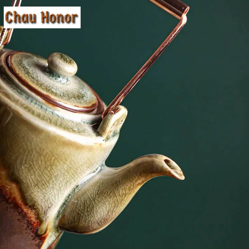 400ML Retro Wood-fired Loop-handled Teapot Handmade Single Pot with Filter Japanese Retro Kiln Change Household Kung Fu Teaware