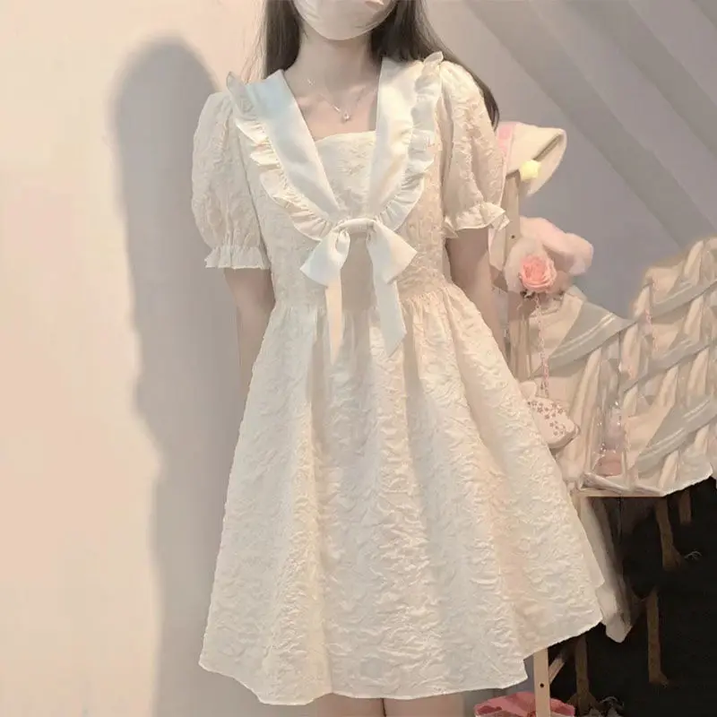 

Japanese Sweet Lolita Dress Women Cute Puff Sleeve Kawaii Princess Dresses Girls Student Summer Bow Salior Collar Mini Vestidos