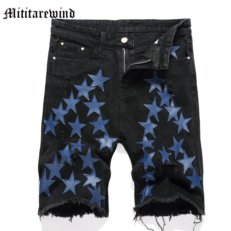 

Loose Straight Men's Denim Shorts Embroidery Blue Stars New Summer Mid Waist Knee Length Pants Hip Hop Black Versatile Youth