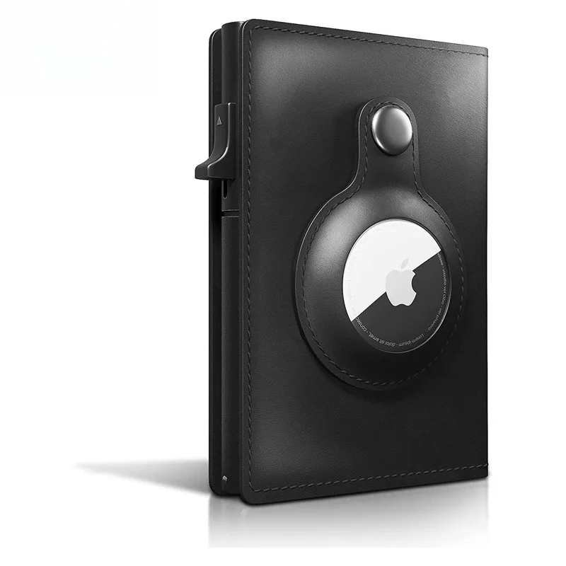 CASEKEY Men Cow Leather Smart Airtag Wallet RFID Crazy Horse Premium Leather Magnetic Closure Pop Up Credit Air Tag Card Holder