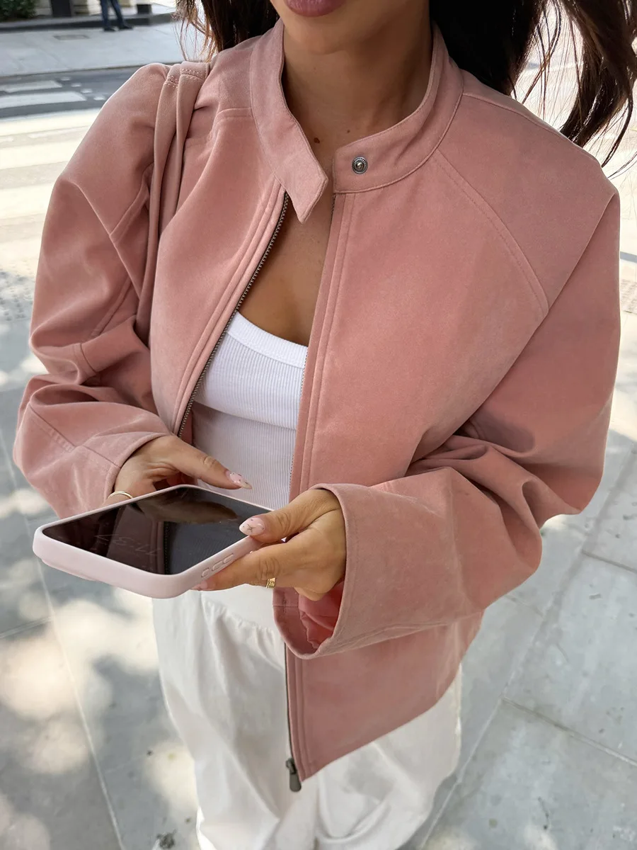 Bornladies Women's Retro Suede Velvet Jacket Stand Collar New Autumn Winter Coats Minimalist Outerwear Jackets