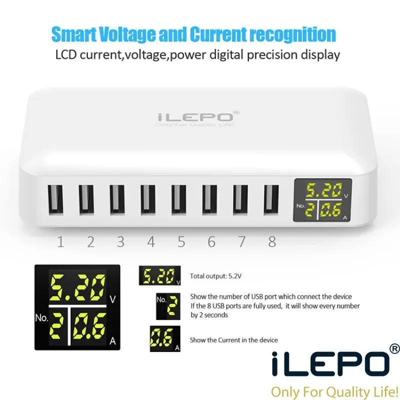 ILEPO-cargador USB con pantalla Digital LED, Hub de 8 puertos, 40W, 8A, Max, 2.4A, para iPhone, iPad, teléfono inteligente y otros dispositivos