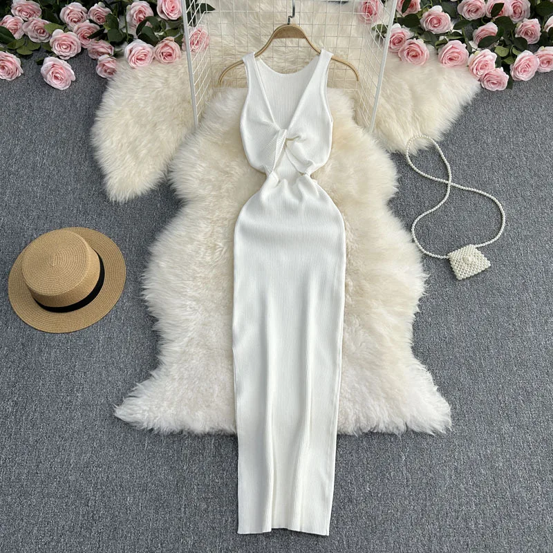 Summer Sleeveless Solid Knit Casual Evening Dress Women High Waist Midi Sheath Dress Ladies Y2k Dresses Women Clothes