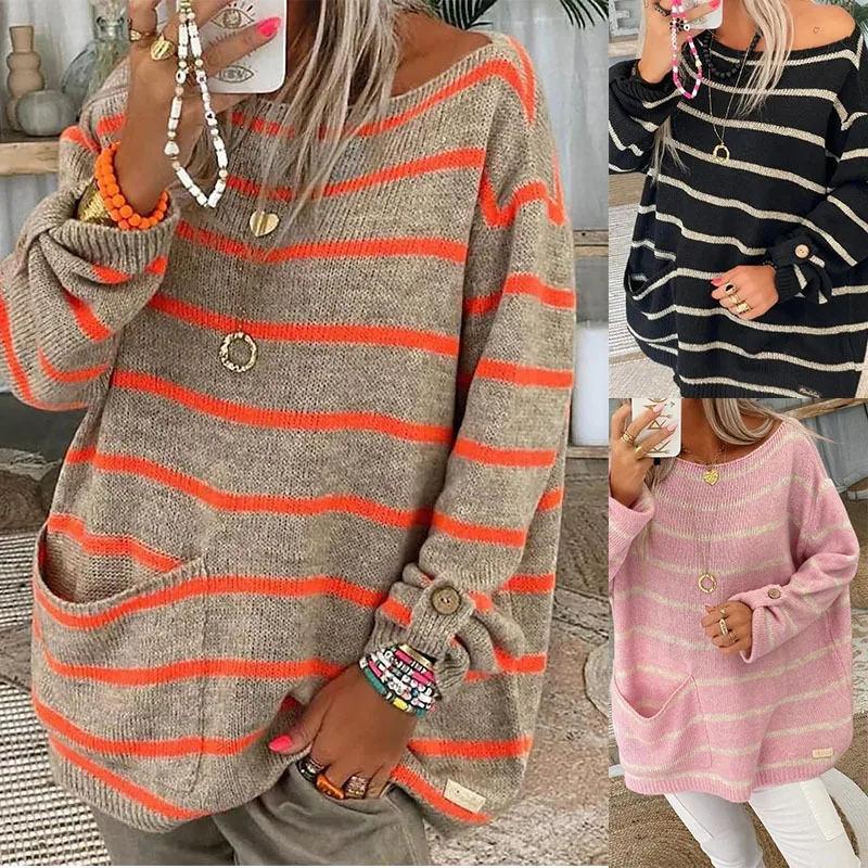 

Women's Striped Contrasting Color Crew Neck Long Sleeve Baggy Pocket Women's Fashion Sweater