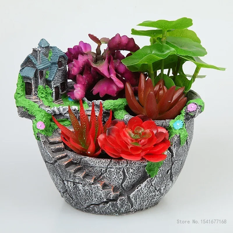 Imitation Stone Resin Flowerpots for Home Garden, Creative Rural Micro Landscape, Large Caliber Flower Pots, House and Home, 1Pc