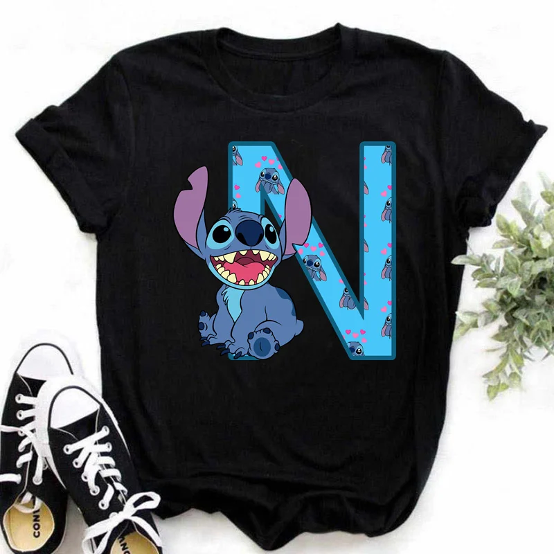 Disney Lilo & Stitch A-Z English Letters Short Sleeve Women Print T Shirt Casual Female Top Tshirts Cartoon Tee T-Shirt 4