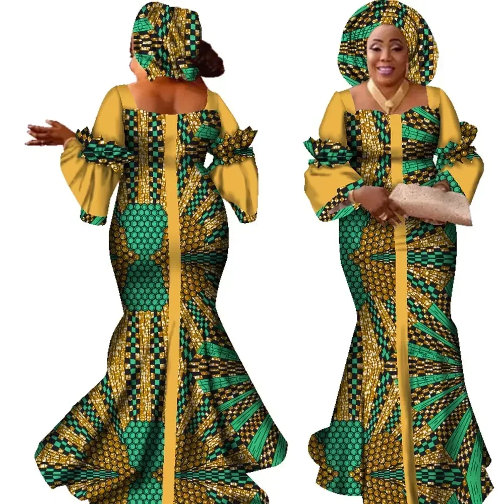 African Dresses for Women Fashion Design New African Bazin Fashion Design Dress Long Dress with Scarf African Clothes WY2347
