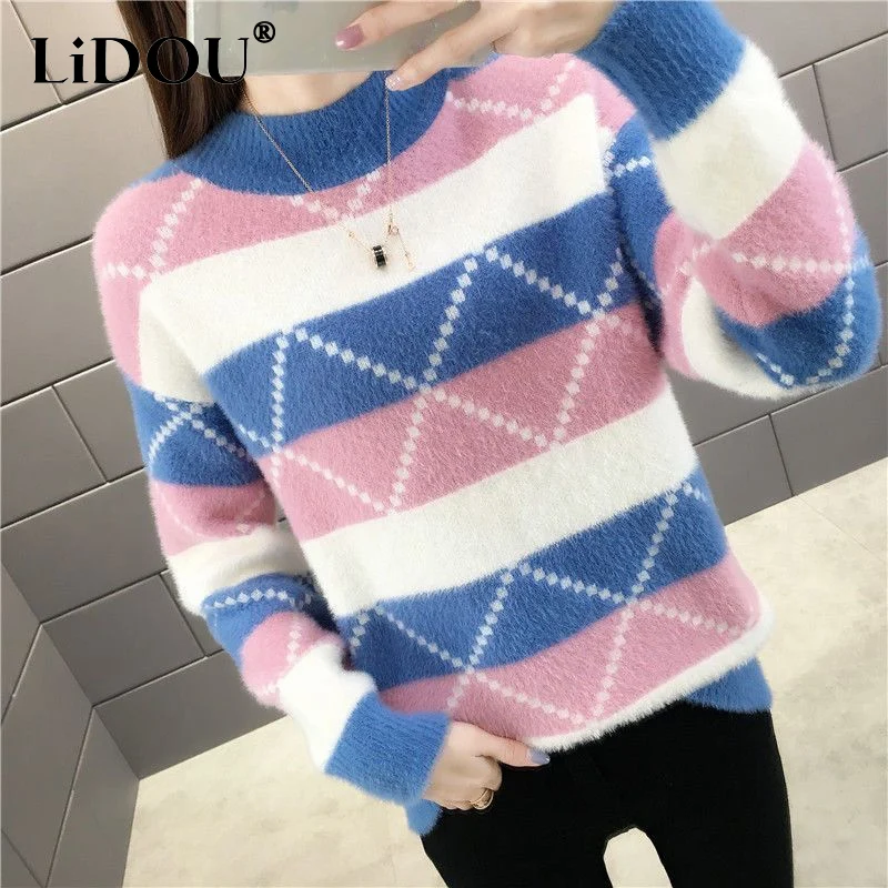 

Autumn Winter Contrast Color Striped Fashion Long Sleeve Sweater Women High Street Casual Loose Elegant Thicken Warm Pullovers