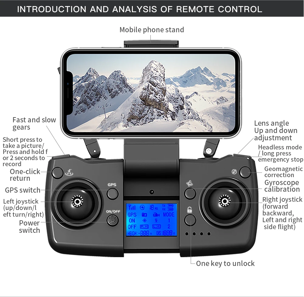 L900 Pro SE MAX Drone, Gps Gyroscope GPS switch- calibration Left joystick Right joystick (up