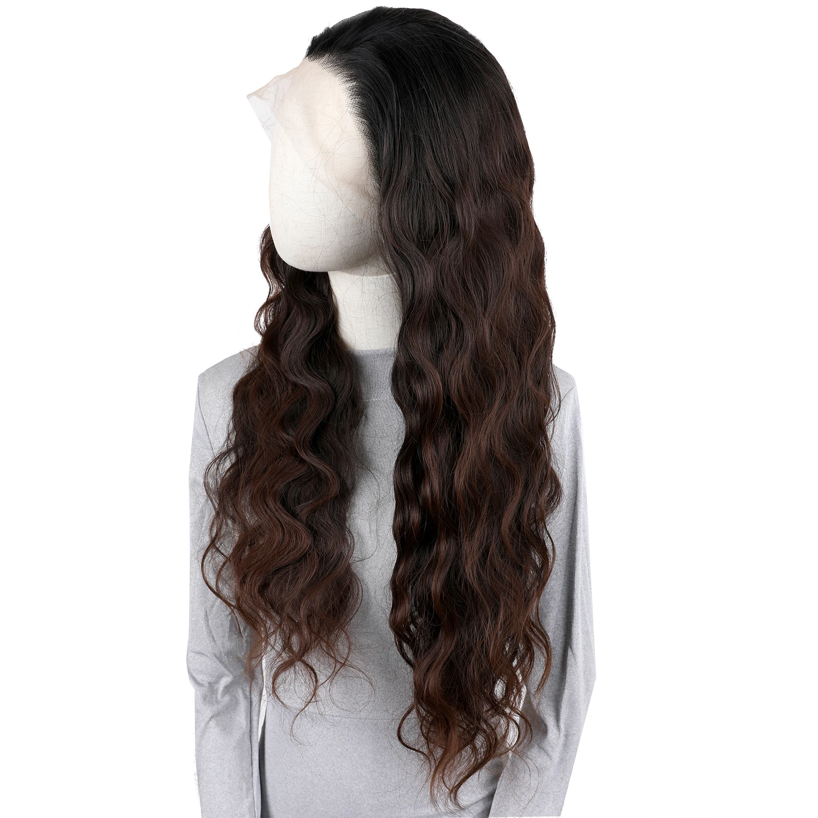 Black Ombre Brown Long Wavy Lace Front Synthetic Wig Pre Plucked Natural Hairline Glueless Heat Resistant Fiber Hair for Women
