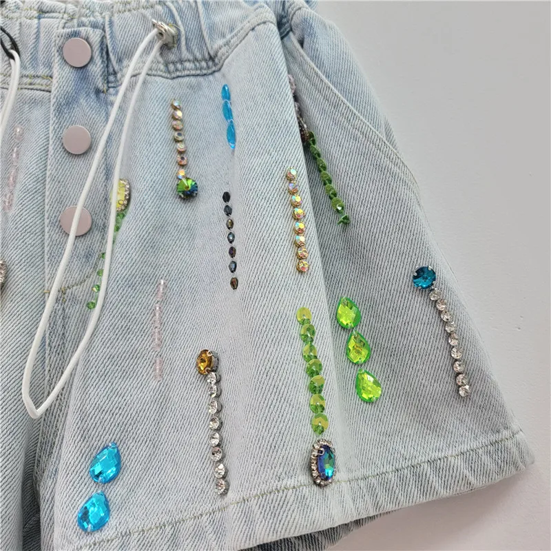 Heavy Industry Inlaid Color Diamond Beaded Denim Wide Leg Shorts Women 2024 Summer New High Waist Loose Shorts for Women
