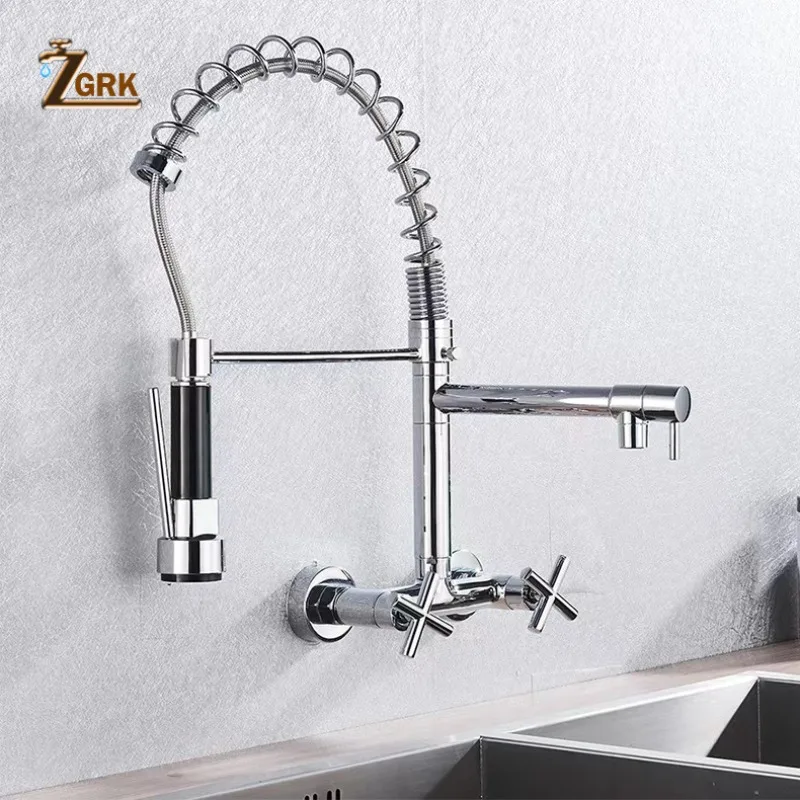 

Solid Brass Kitchen Tap Wall Mounted Cold and Hot Sink Mixer Water Tap Double Handle Spring Kitchen Faucet
