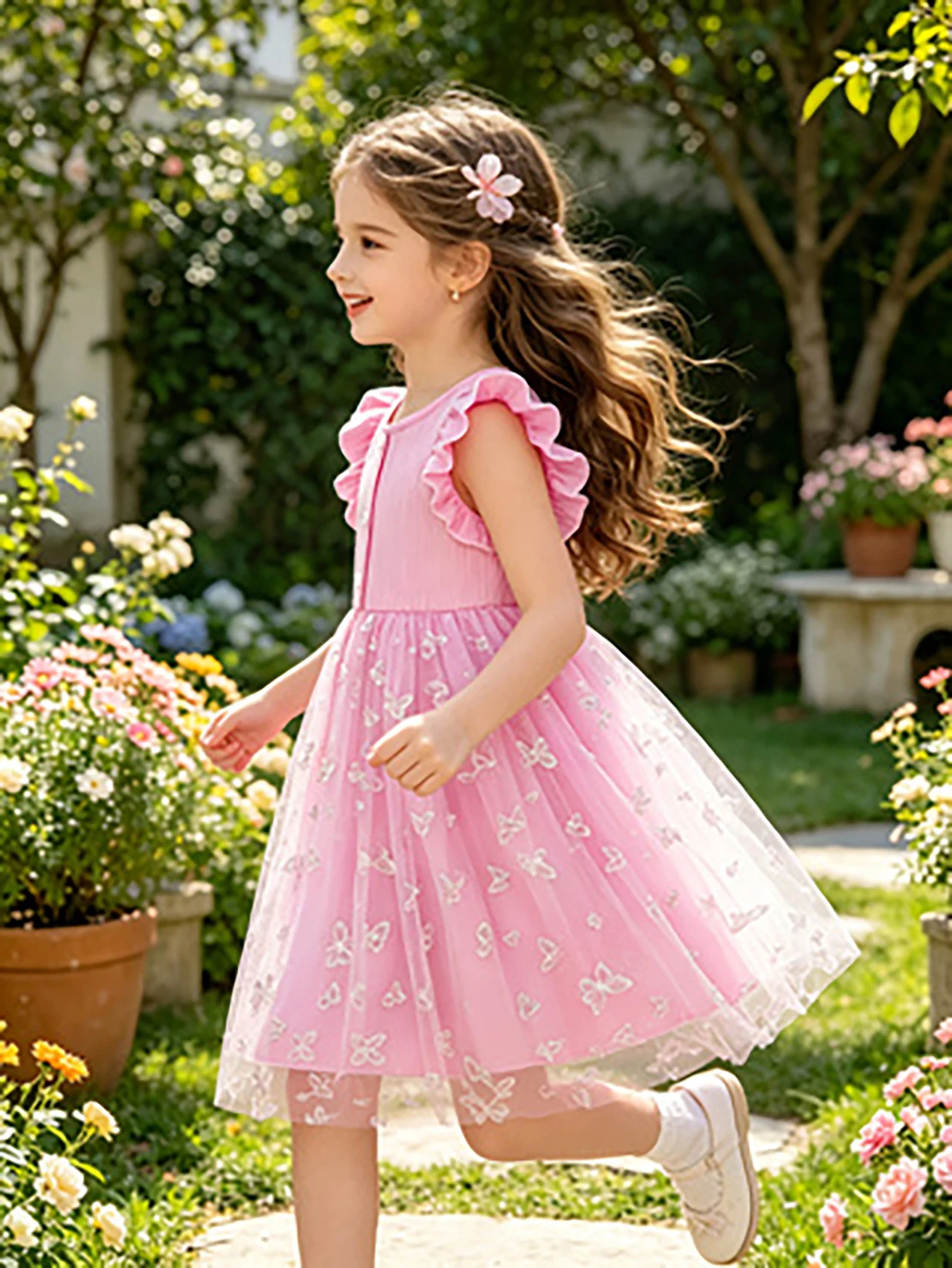 Pink Butterfly Embroidery Summer Princess Dress with Flutter Sleeves