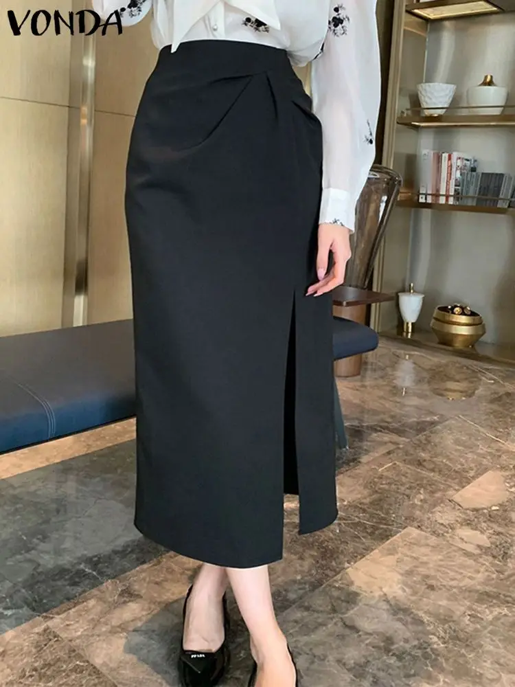 

VONDA 2023 Summer Elegant Split Midi Skirt Women High Waist Pleated Fashion Skirts Casual Solid Color Loose Streetwear Bottoms