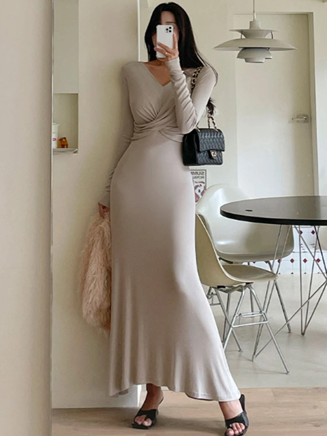 

Korean Chic V-neck Twisted Women's Slim Fit Long Dress For Women Long Sleeve Solid Color Casual Fashion Long Dress For Woman