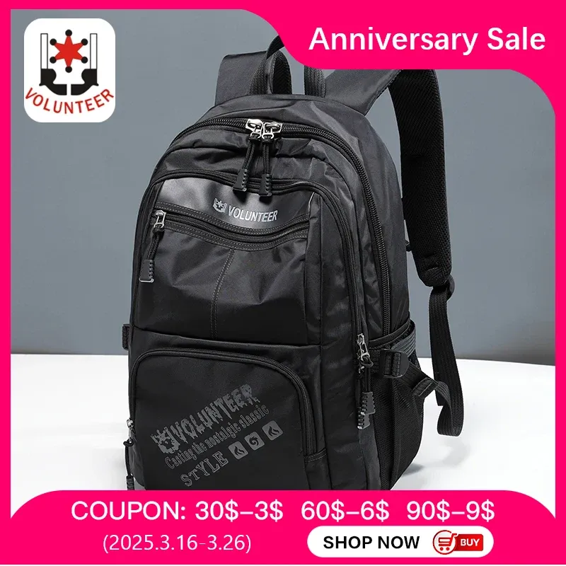 Volunteer 27L Men's Waterproof Backpacks Laptop Black Oxford Cloth Casual Big Bag College Student Schoolbag Backpack Men 1832-02