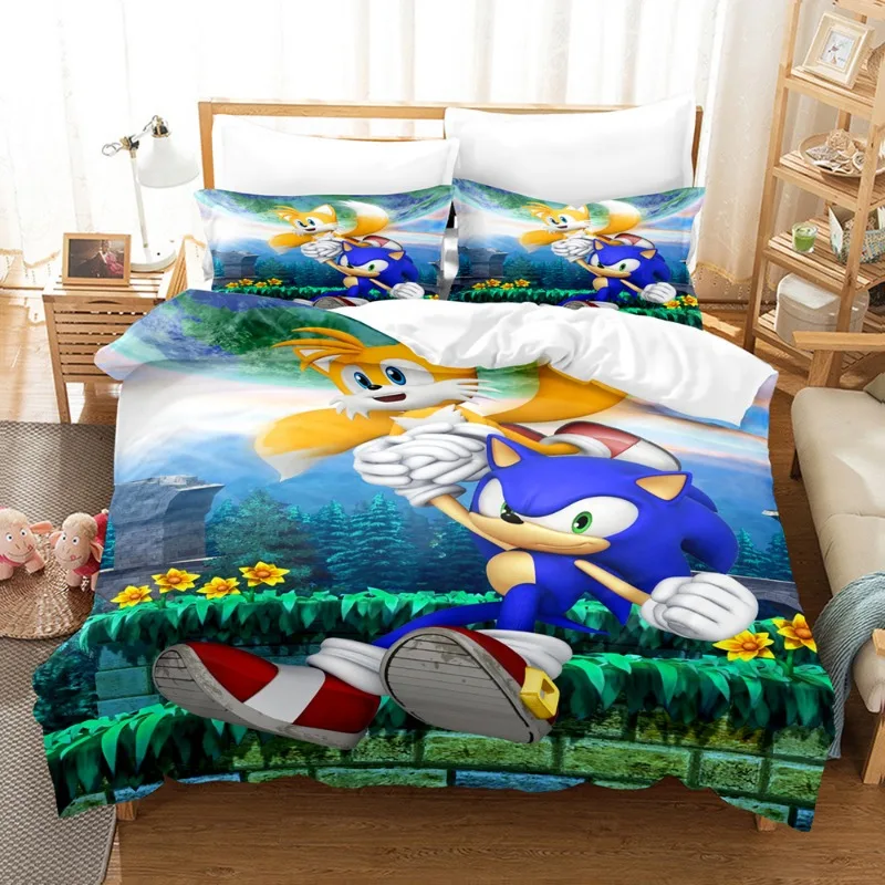 thumbnail image 1 of Juegos de cama tamaño king de Sonic The Hedgehog, funda de edredón con estampado 3D de dibujos animados de anime y funda de almohada, funda de edredón para dormitorio, juego de cama, 1 of 5