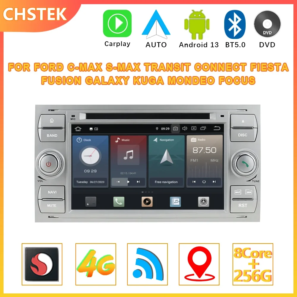 

Автомобильное радио CHSTEK Qualcomm Android 12 для Ford C-Max S-Max Transit Connect Fiesta Fusion Galaxy Kuga Mondeo Focus DVD CarPlay 4G