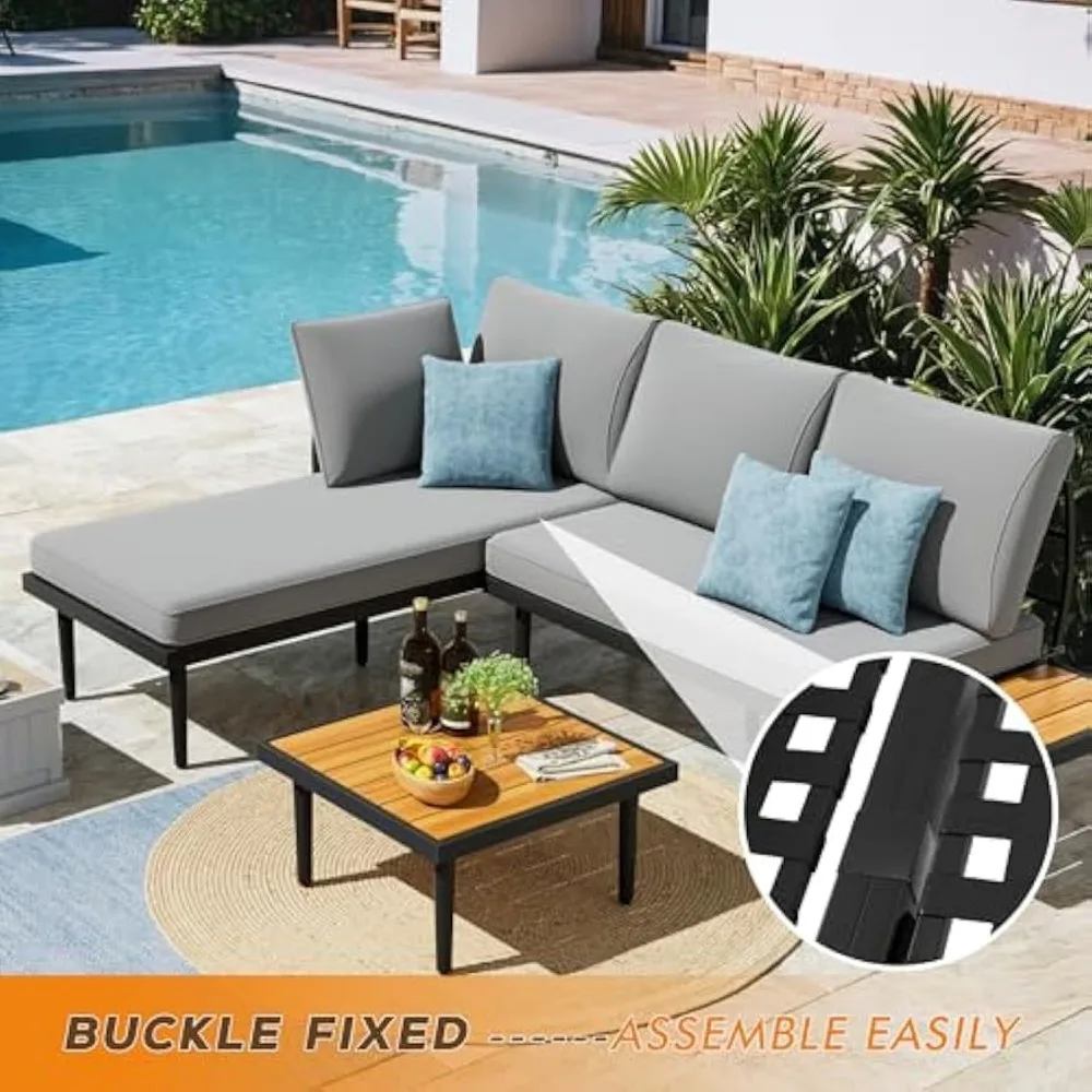 Outdoor Sectional Furniture Patio Sectional Sofa with Acacia Wood Table, Patio L-Shaped Conversation Set with 3