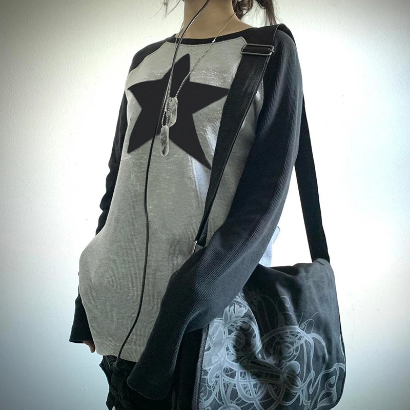 

Y2K Star Pattern Contrast Color Patchwork T-Shirts Women Fall Fashion Long Sleeve Loose Pullovers Streetwear Casual Shirts