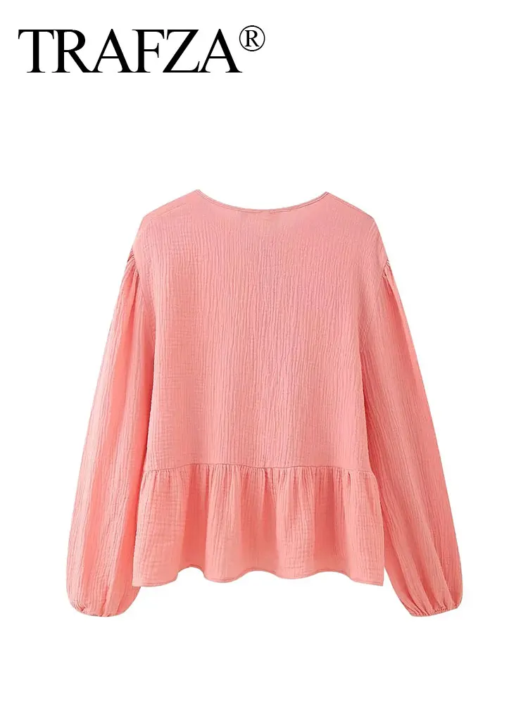 HH Women Fashion Bow Lace Up Shirt Y2k Elegant Pink Long Sleeve O Neck Shirts Summer Female Casual Chic Top Blouse