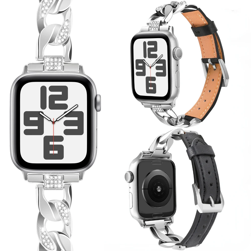 

Leather Link Strap For Apple Watch Band 44mm 40mm 45mm 41mm 42mm 38mm 49mm Metal Diamond Wristband iWatch Ultra 2 9 8 7 SE 3 5 6