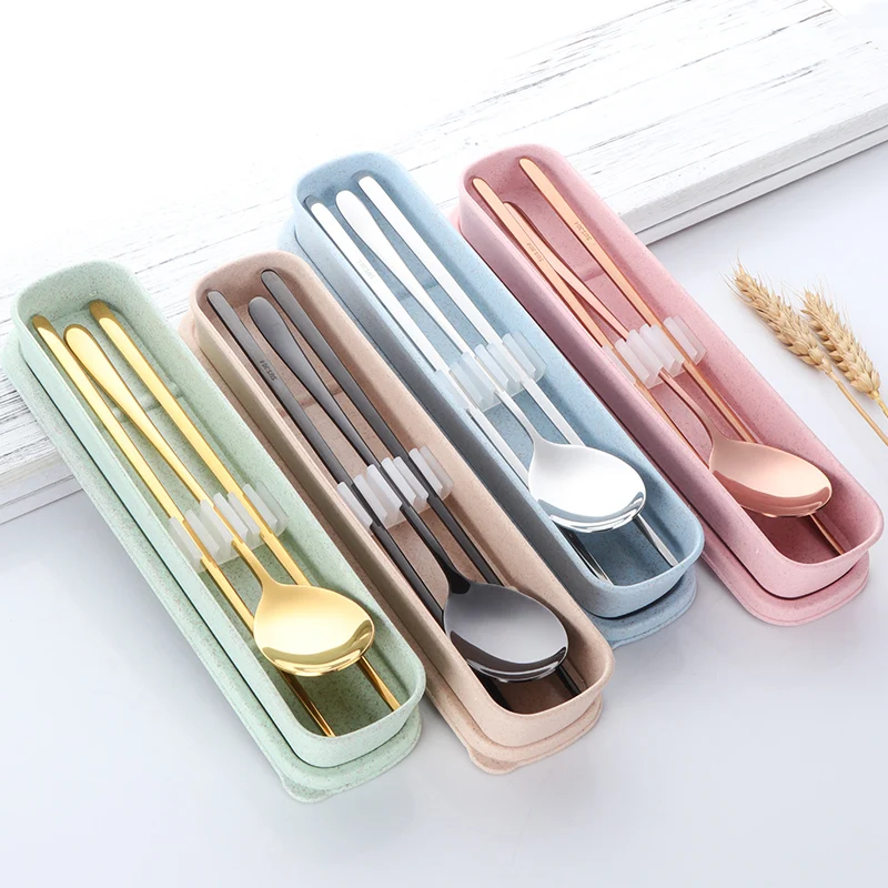 Cutlery Set Stainless Steel Cutlery Set 18/8 Korean Stainless Steel Food Chopsticks Spoon Set Long Handle Flat Non-Slip Chopsticks Dessert Spoon Dinnerware Set With Box