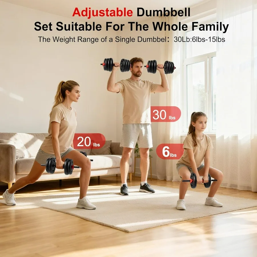 Adjustable Dumbbell Set, 30lbs Free Weight Set with Connector, 4 in1 Dumbbells Set Used as Barbell, Kettlebells, Push up Stand,