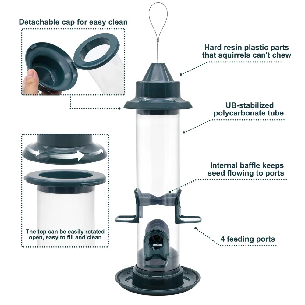 Garden Decoration 15 Inch Outdoor Hanging Wild Bird Feeder Tube Bird Feeder 4 Feeding Ports Waterproof Squirrel Proof