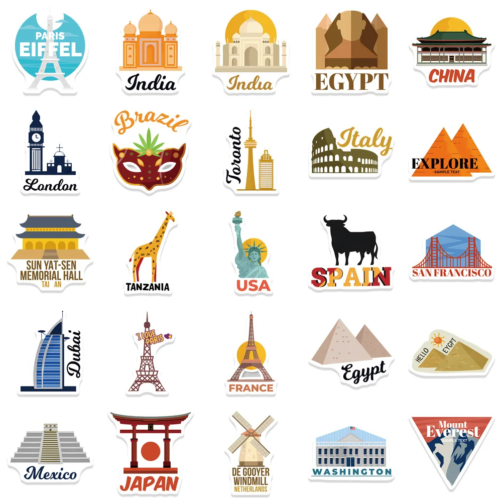 50PCS 세계 도시 랜드마크 낙서 스티커 전화기 기타 노트북 여행가방 컵 방수 스티커 데칼 어린이 장난감