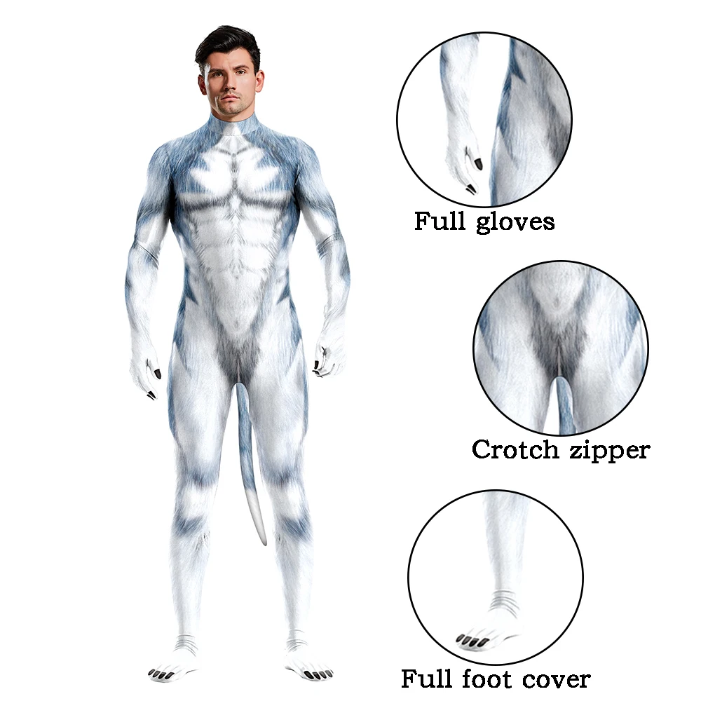 thumbnail image 1 of Trajes de Halloween de Zawaland Zentai con cola de animal Husky zorro lobo estampado Catsuit disfraces traje de cobertura completa Cosplay Petsuit, 1 of 5