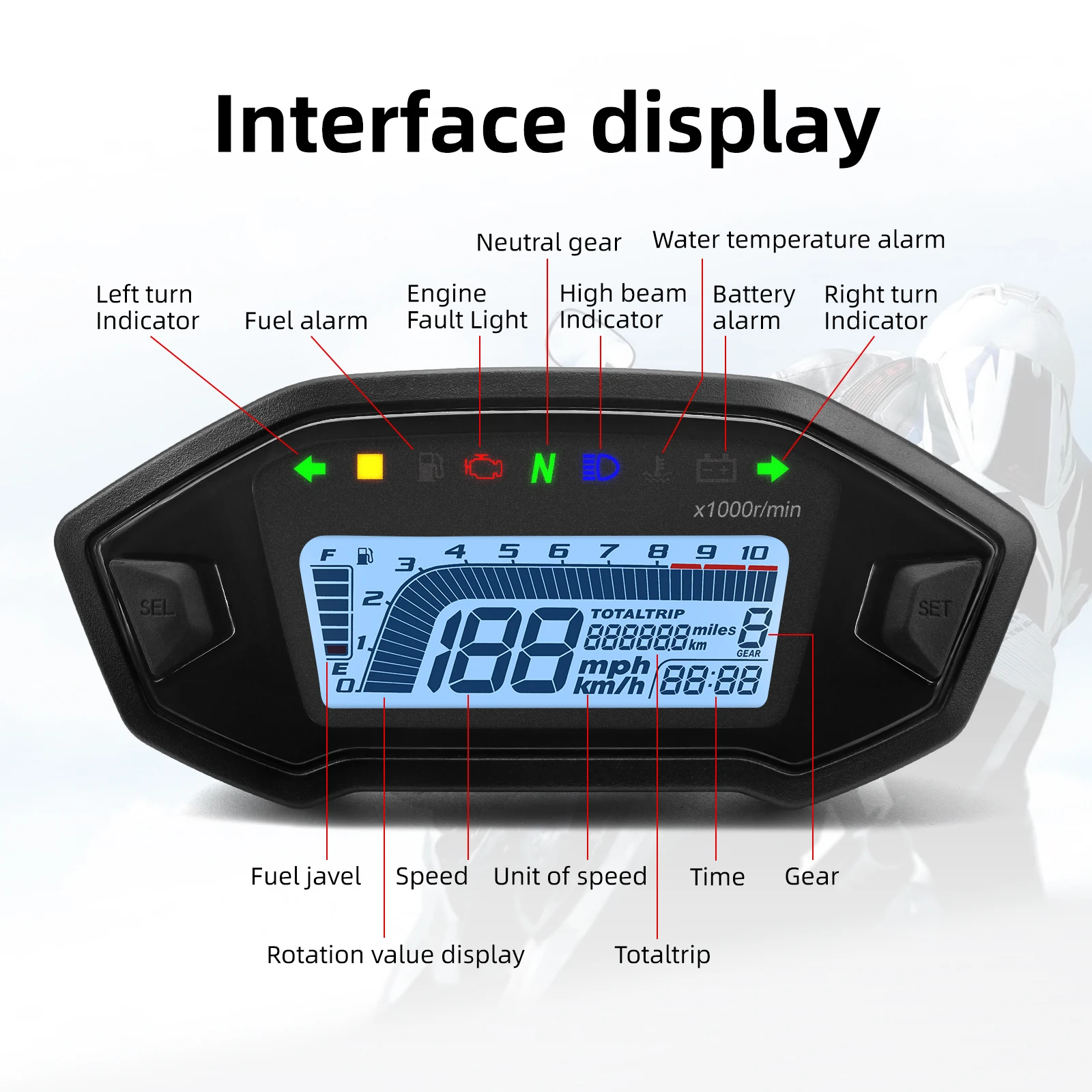 Compteur de vitesse numérique Moto Prada Board, 2023 RPM, moto, écran LCD, odomcirculation, tachymètre pour 10000, 4 intervalles, 7 couleurs diversifiées, 1,2