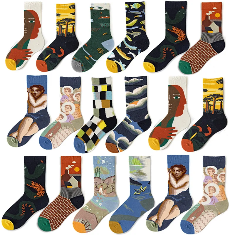 

Women Cotton Retro Abstract Creative Oil Painting Art Socks Plant Cartoon Girl Modern Oil Painting Skateboard Sock for Male