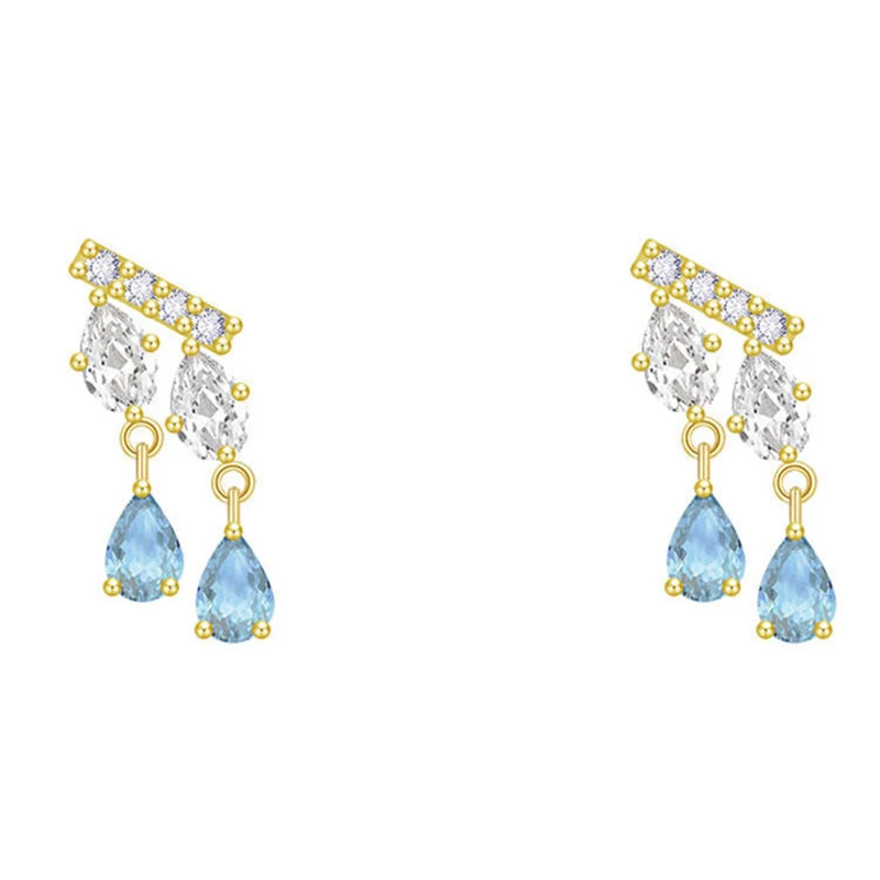 Silver Inlaid White Crystal Faceted Drop-shaped Tassel Earrings