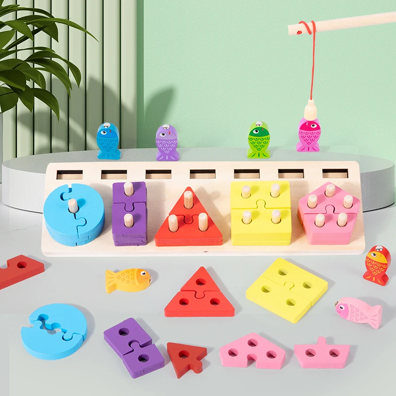 2-in-1 Wooden Early Learning Toys, Shape and Color Matching, Fishing Game, Infant and Toddler Puzzle Blocks, Enlightenment Set