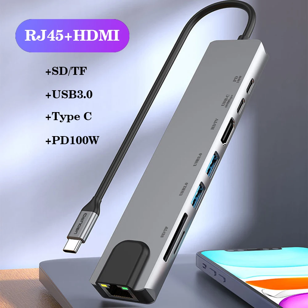 RJ45 100M/1000Mbps Ethernet to USB C Adapter Docking Station USB Type C to HDMI HUB 4K 30HZ VGA Headphone PD 100W USB3 Extencion 2
