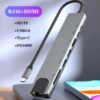 RJ45 100M/1000Mbps Ethernet to USB C Adapter Docking Station USB Type C to HDMI HUB 4K 30HZ VGA Headphone PD 100W USB3 Extencion 2