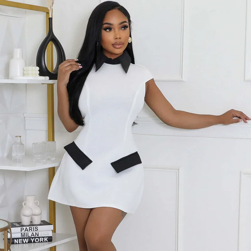 Elegant Fashion Mini Dress Women Peter Pan Collar Cap Sleeve Pockets High Waist Party Short Dress - Image 3