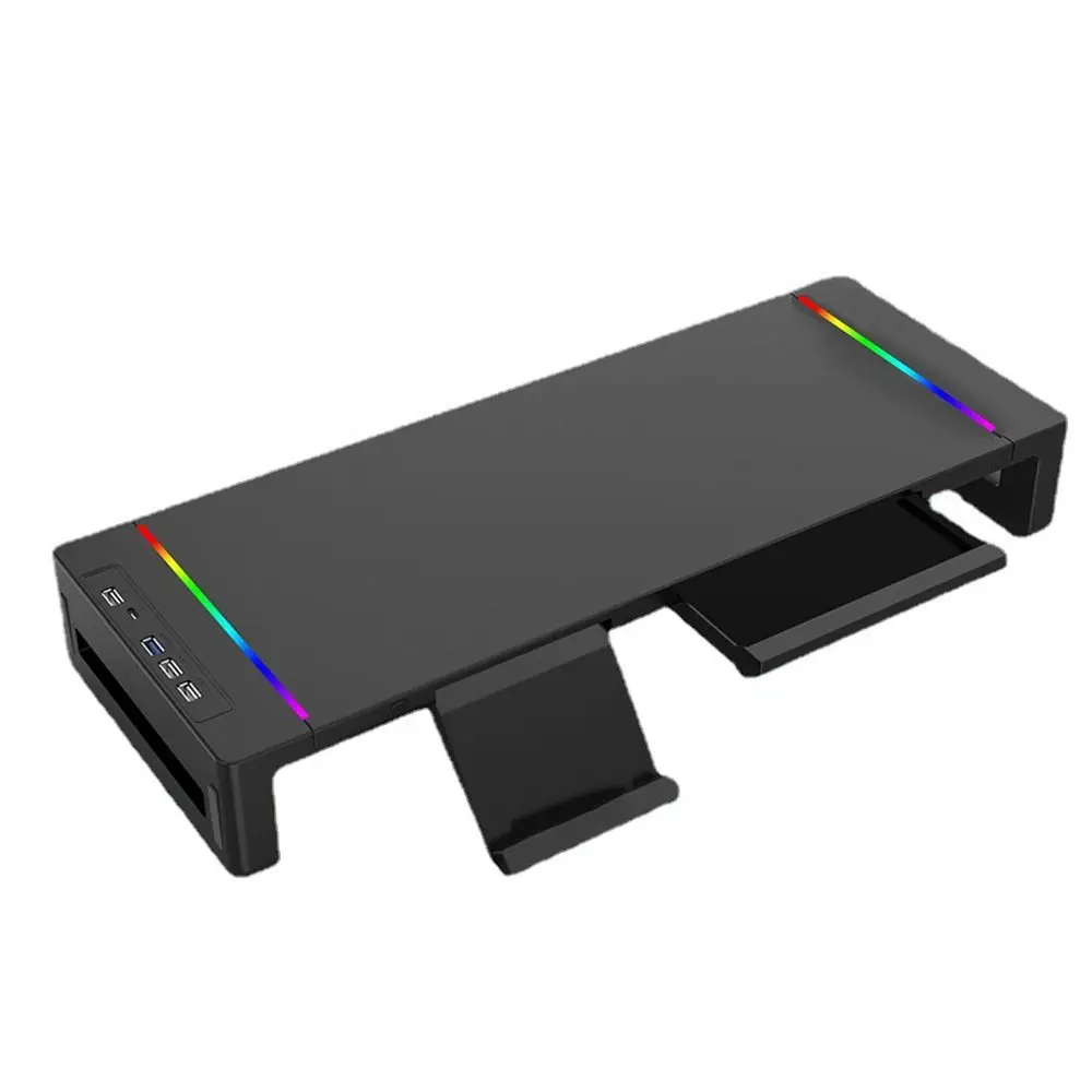 USB 3.0 및 2.0 허브가 있는 RGB 조명 모니터 스탠드 라이저, 수납 서랍, 노트북 홀더, 휴대폰 홀더, 접이식