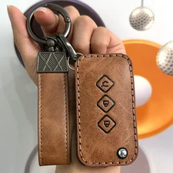 Premium Leather Key Fob Cover with Keychain Accessories - 3 Button Flip Folding Design (E1 Flip Brown)