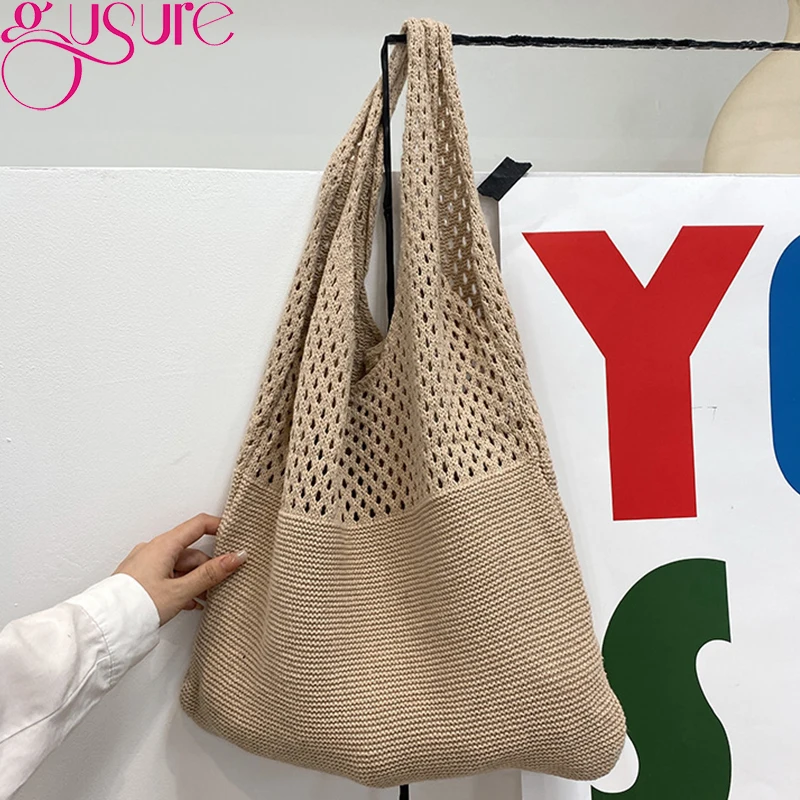 Gusure Handmade Knitted Lady Retro Hollow Handbag Fashion